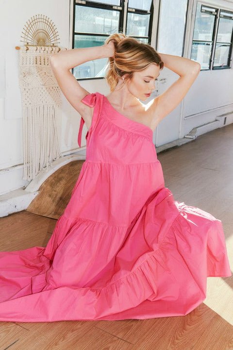 Pink Dot Styles-Hot Pink One Shoulder Maxi Dress-Pink Dot Styles