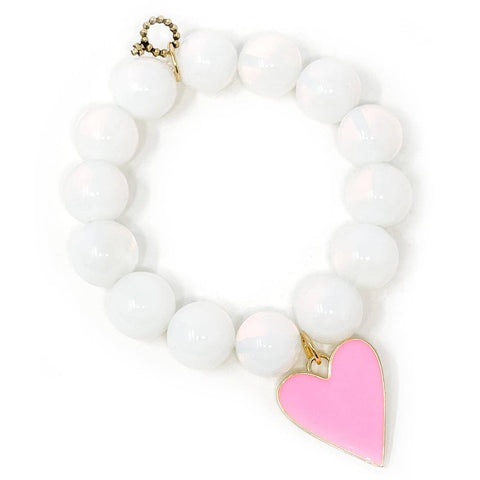 Matte White Lace Agate with Pink Enameled Heart: Average 7"-Accessories > Jewelry > Bracelets-Pink Dot Styles