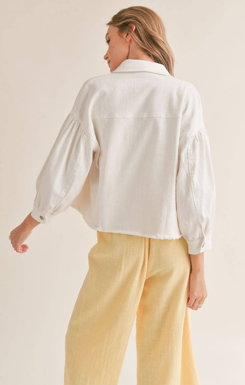 White Puff Sleeve Denim Jacket-Apparel > Womens > Outerwear > Jackets-Pink Dot Styles
