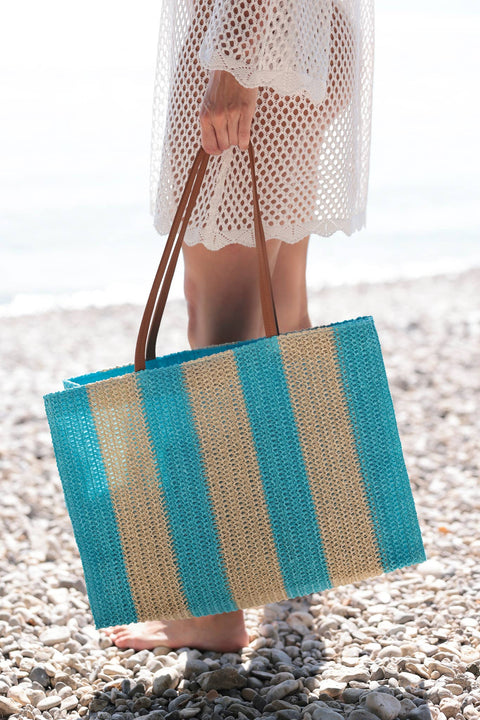 Filomena Straw Tote - Turquoise-Accessories > Handbags > Totes-Pink Dot Styles