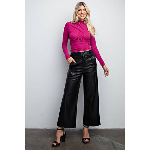 High Waist Wide Leg Faux Leather Pants: BLACK / L-Pink Dot Styles