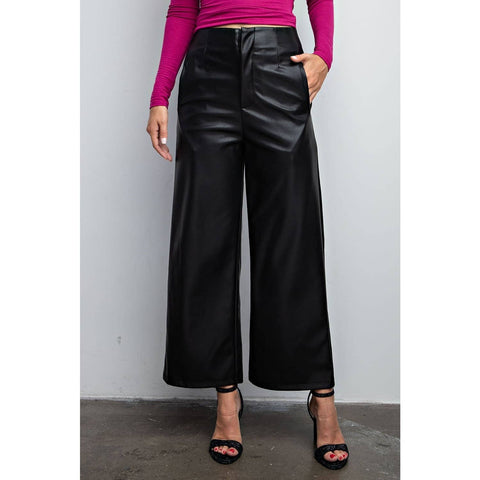 STYLE USA-High Waist Wide Leg Faux Leather Pants: BLACK / L-Pink Dot Styles