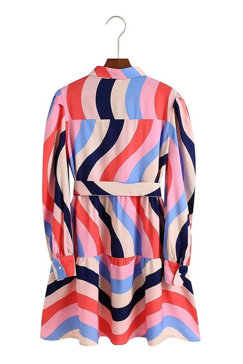 Sundayup-Geometricl Print Long Sleeve Dress-Pink Dot Styles