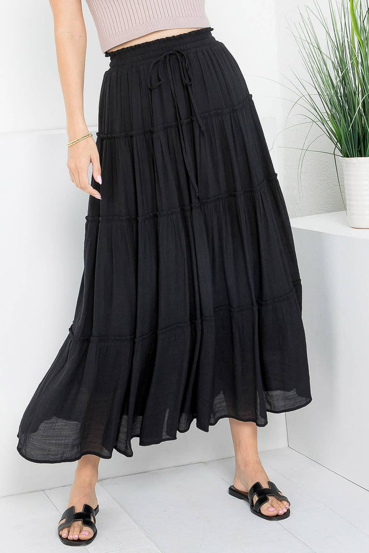 Sweet Lovely by Jen-Black Tiered Maxi Skirt-Pink Dot Styles