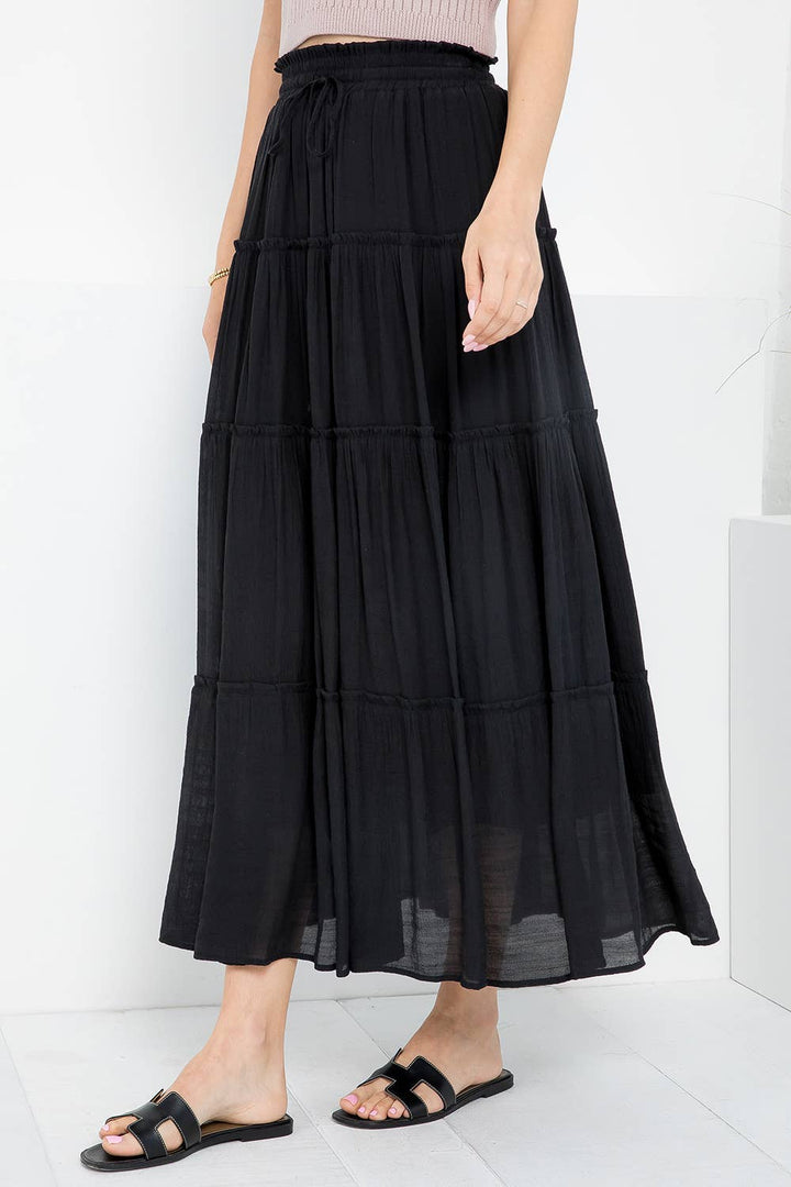 Sweet Lovely by Jen-Black Tiered Maxi Skirt-Pink Dot Styles