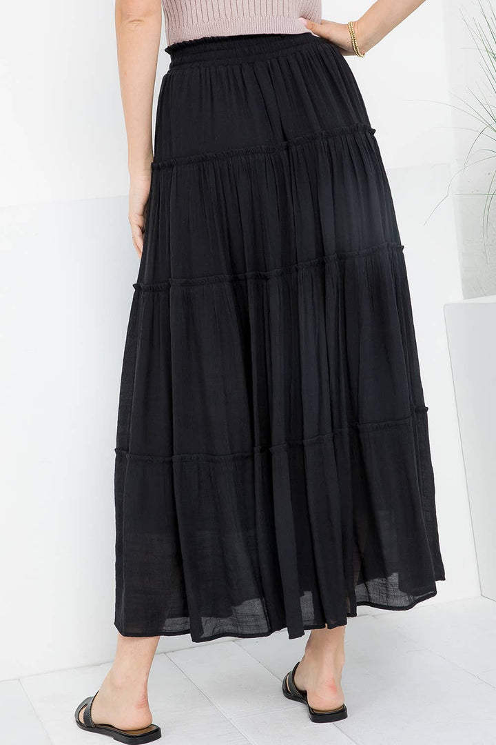 Sweet Lovely by Jen-Black Tiered Maxi Skirt-Pink Dot Styles