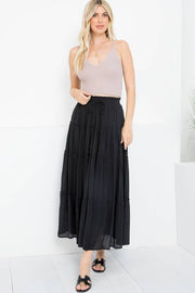 Sweet Lovely by Jen-Black Tiered Maxi Skirt-Pink Dot Styles