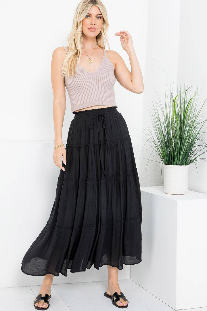 Sweet Lovely by Jen-Black Tiered Maxi Skirt-Pink Dot Styles