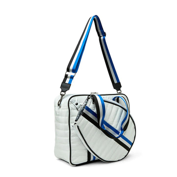 Think Royln Large Champion Puffer Tennis Bag - White Patent w/Stripes