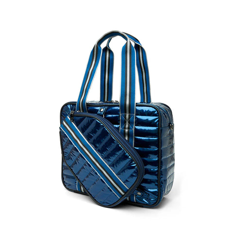 Think Royln-Sporty Spice | Glossy Navy Patent Pickleball Bag-Pink Dot Styles