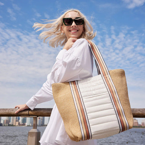 Sunset Tote | Dune Raffia & White Patent-Accessories > Handbags > Totes-Pink Dot Styles