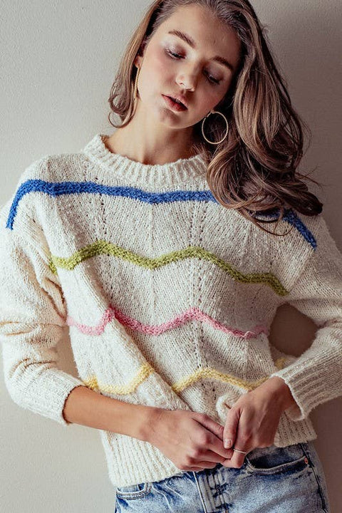 Colorful Wave Stripe Sweater-Apparel > Womens > Tops > Sweaters-Pink Dot Styles