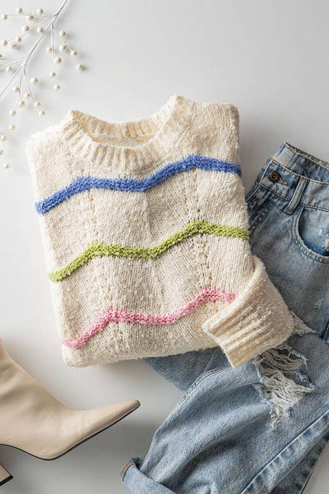 Colorful Wave Stripe Sweater-Apparel > Womens > Tops > Sweaters-Pink Dot Styles