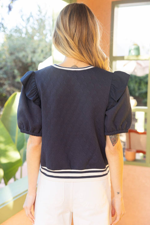 Navy Striped Band Textured Knit Top-Apparel > Womens > Tops > Shirts-Pink Dot Styles