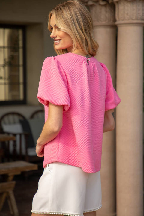 Pink Bubble Short Sleeve Textured Top-Apparel > Womens > Tops > Shirts-Pink Dot Styles