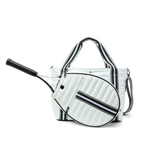 Think Royln-Love all Tennis Bag| White Patent (Black/White/Gray Stripe)-Pink Dot Styles