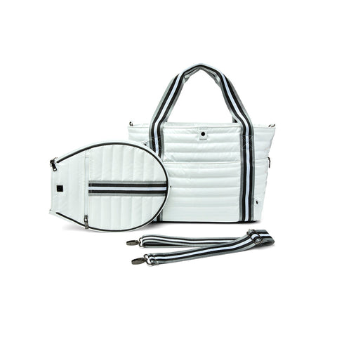 Think Royln-Love all Tennis Bag| White Patent (Black/White/Gray Stripe)-Pink Dot Styles
